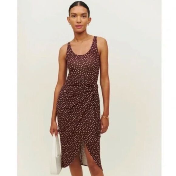 Reformation Kalia Polka Dot Brown wrap jersey Dress - Picture 1 of 4